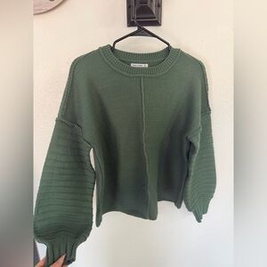 Pink Clover Olive Green Crewneck Sweater with Balloon Sleeves